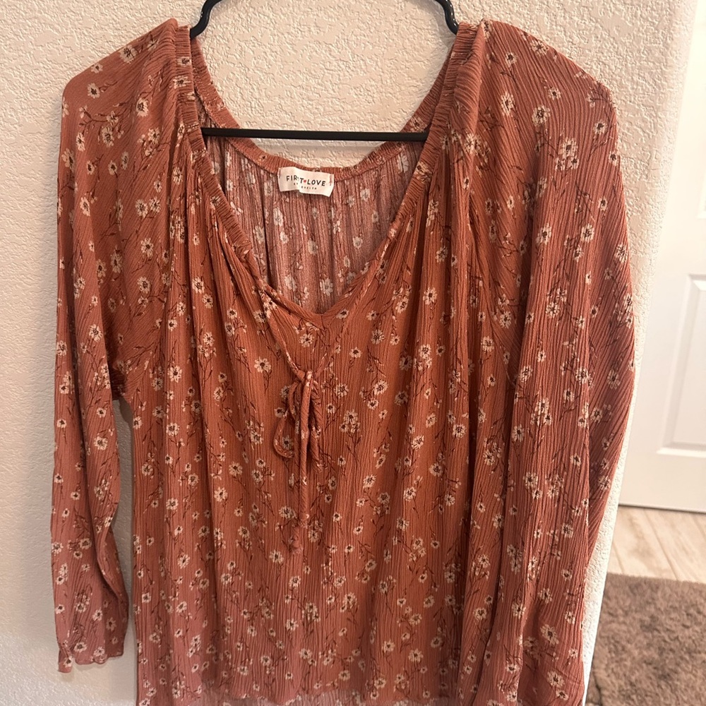 First Love Rust Floral V-Neck Tie Blouse